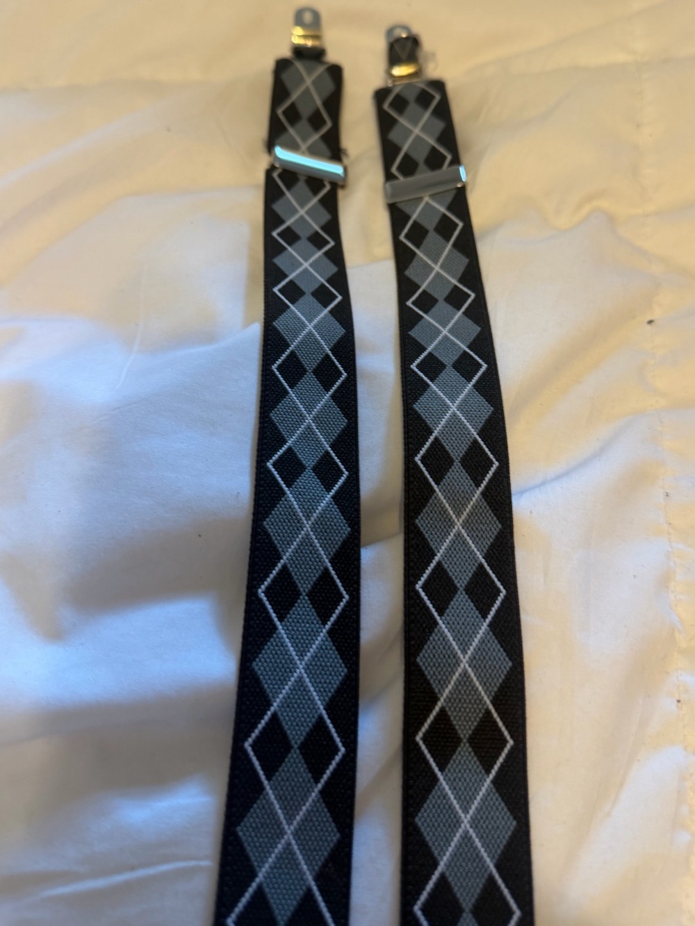 Vintage Suspenders Argyle Clip-On Elastic ~ black & grey